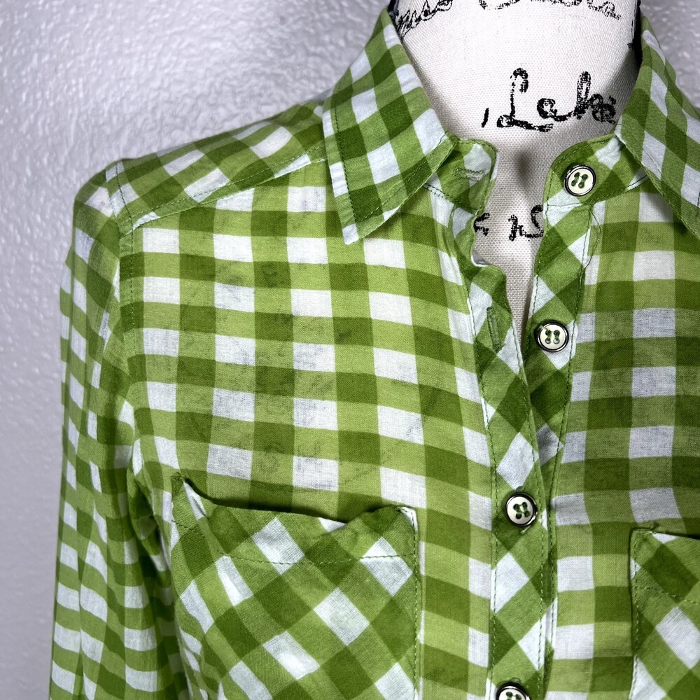 Olivia Moon Sz XS Button Up Long-Sleeve Shirt Green/White Checks 100% Cotton - Picture 5 of 12